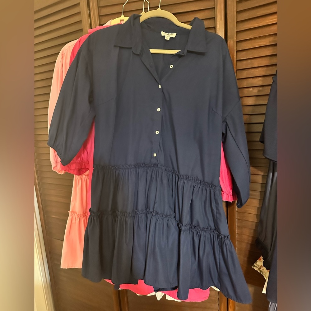 Navy tiered elbow length sleeve collared button mini dress